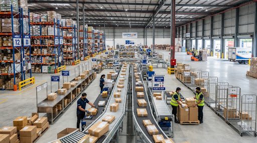 High-volume freight distribution hub with sorting conveyor line