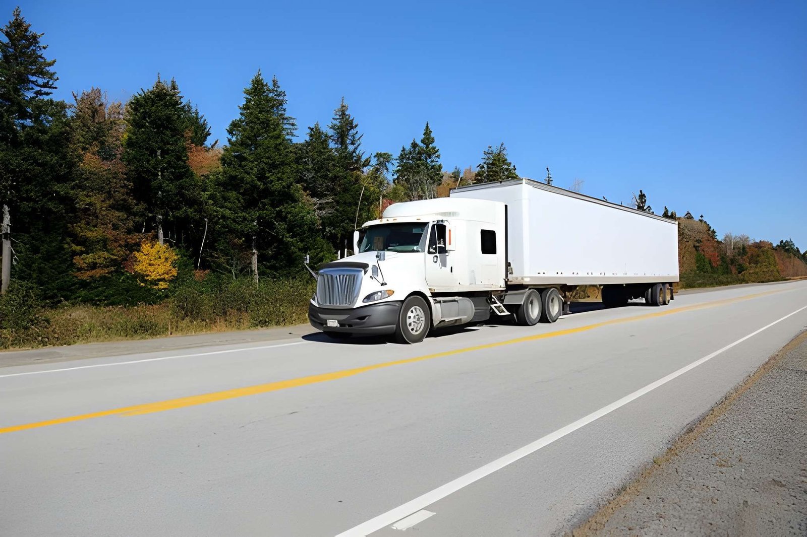 White semi truck with dry van trailer on a highway