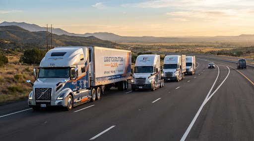 Commercial freight fleet travelling on an interstate highway at sunset